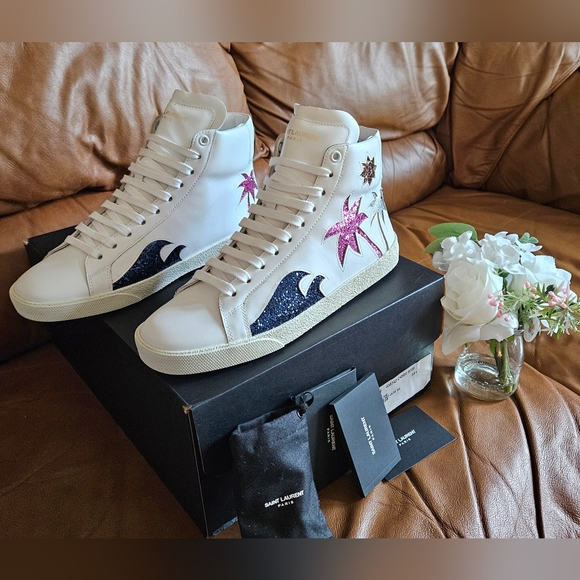 Women's Saint Laurent White Leather Designer Hightop Sneakers Sz 8.5 US (MINT) - Picture 1 of 16
